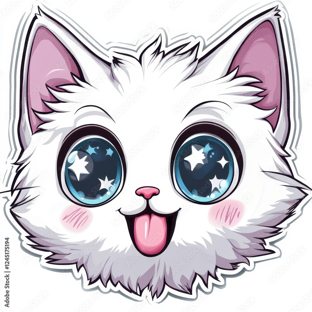 Fototapeta premium Whimsical Cat Portrait: A charming white kitten with sparkling star-filled eyes and a playful pink tongue sticks out in a cartoon-like portrait, capturing a playful and adorable moment. 