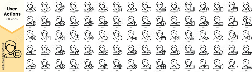 A collection of minimalist line icons representing various user actions, including profile management and interactive tasks. A collection of minimalist line icons representing various user actions, including profile management and interactive tasks.