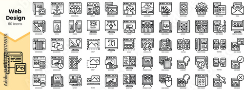 A collection of 60 minimalist web design icons showcasing various design elements and tools.