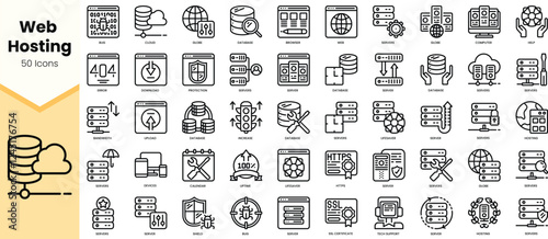 A diverse collection of 50 web hosting icons, emphasizing technology and data management in a clean, modern design.
