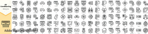 A collection of 100 air conditioning icons in a clean, monochromatic design, showcasing various cooling equipment and symbols.