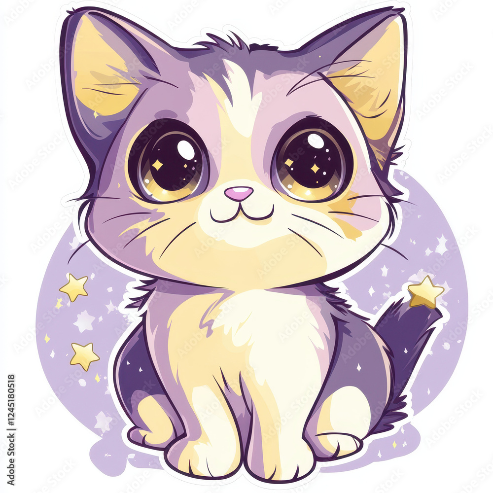 Fototapeta premium Starry-Eyed Kitten: An adorable cartoon kitten with captivating, starry eyes sits amidst a shower of glittering stars, exuding cuteness and whimsy.