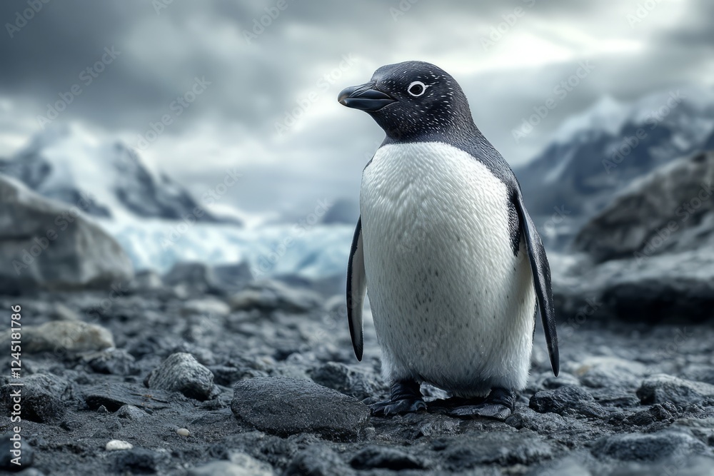 Obraz premium Adorable Adélie Penguin Chick Standing On Rocky Ground Near Glacier, Antarctica.