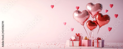 Colorful heart-shaped balloons and gifts for a festive celebration.
