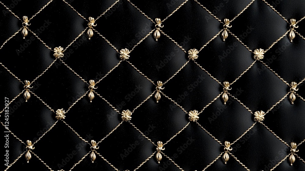 Elegant Quilted Black Background with Golden Diamond Lattice Pattern Decorative Design and Rich Texture. Elegant Quilted Black Background with Golden Diamond Lattice Pattern Decorative Design and Rich Texture.