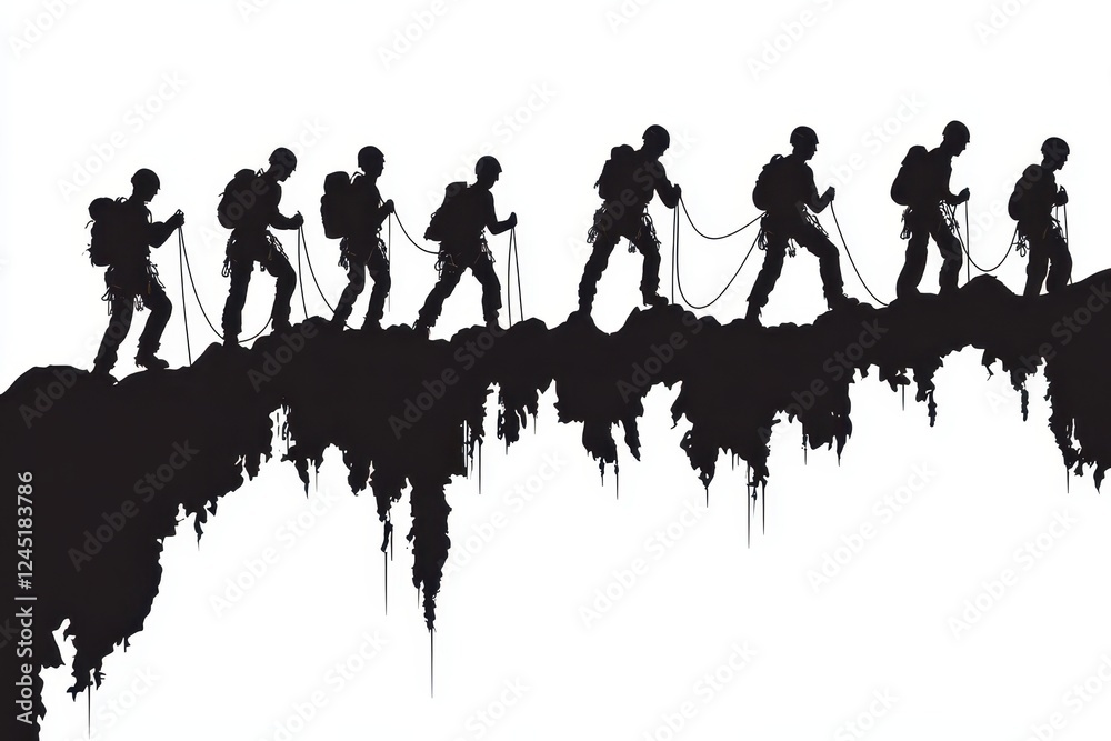 Obraz premium Silhouette of climbers roped together traversing a precarious mountain ridge. Illustrates teamwork, perseverance, and overcoming challenges.