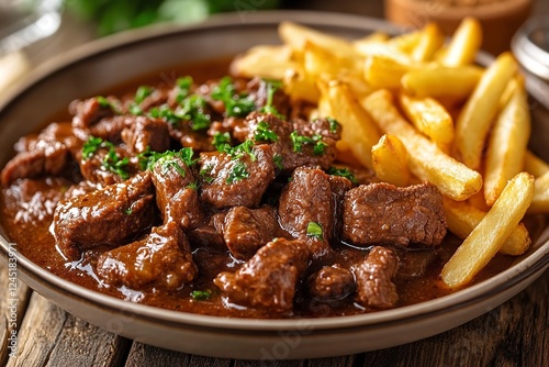 Close-up of a plate of Flemish stew with crispy French fries, highlighting the rich beer sauce and tender beef, served on a wooden table in a warm, rustic kitchen adorned