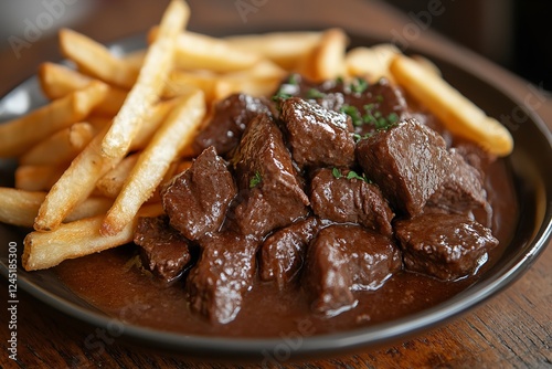 Close-up of a plate of Flemish stew with crispy French fries, highlighting the rich beer sauce and tender beef, served on a wooden table in a warm, rustic kitchen adorned photo