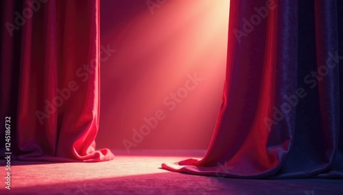 Velvet drapes part slowly revealing a radiant spotlight, radiant light, light