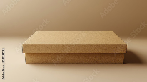 Closed square brown cardboard box on beige background.