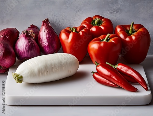 Red peppers, onions, radish, chilies on cutting board photo