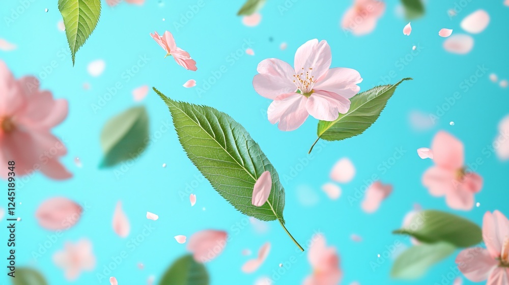 Fototapeta premium Pink cherry blossoms falling, blue background, spring, nature