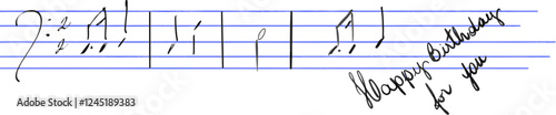 The image shows a handwritten musical score with the melody at the beginning of the song "Happy Birthday