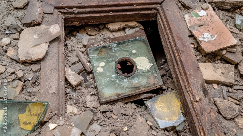 Closeup of Broken Glass and Tiles in a Rusty Metal Frame Embedded in Soil Closeup of Broken Glass and Tiles in a Rusty Metal Frame Embedded in Soil