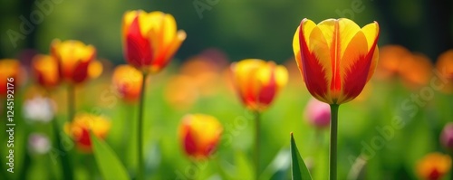 Blooming parrot tulip in a lush green meadow with other wildflowers, botanical, bloom, nature