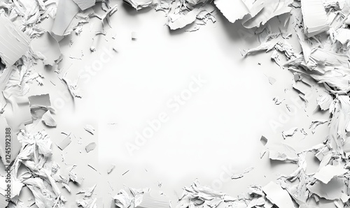 White paper shards frame, copy space, destruction, background texture, design element