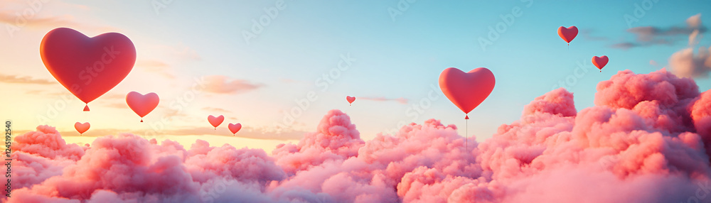 Obraz premium Colorful hot air balloons shaped like hearts floating above fluffy pink clouds at sunset.