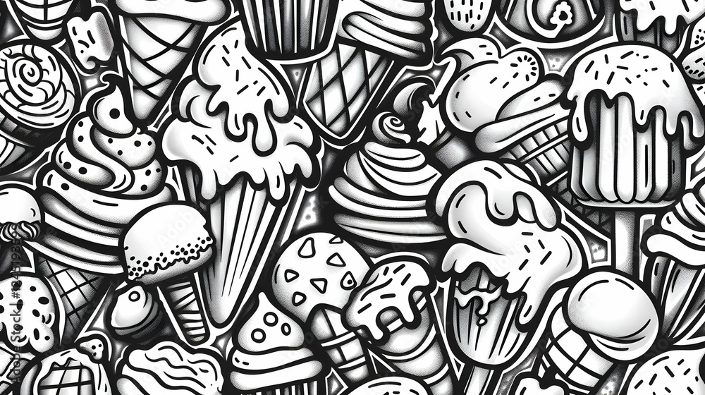 Naklejka premium A vibrant collection of hand-drawn ice cream cones and popsicles against a playful background