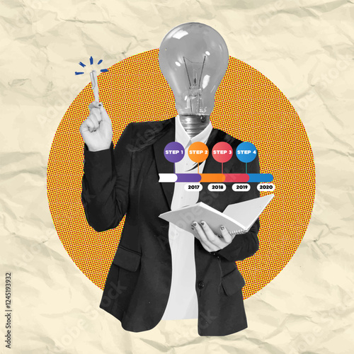 Creative businessman with a lightbulb head holding a notebook and pointing out steps in a colorful collage, vector illustration