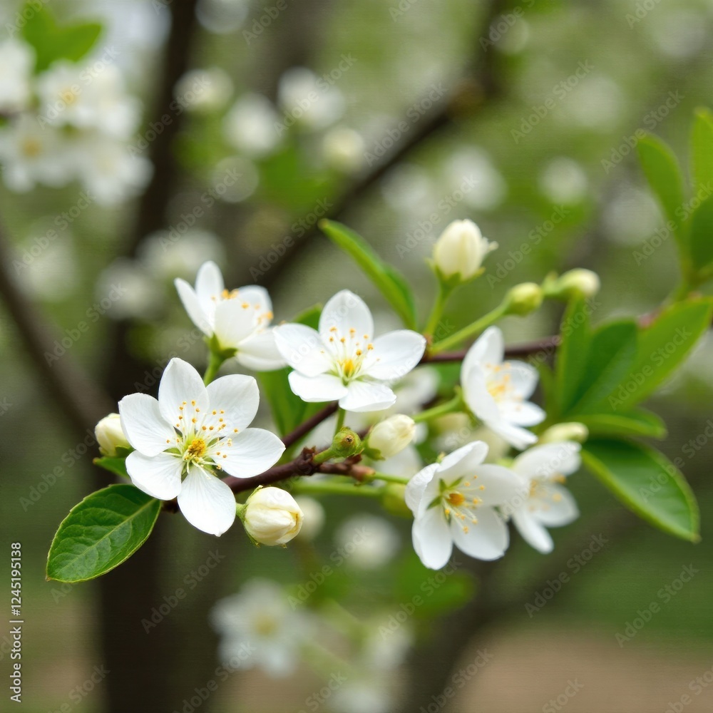 Delicate white blooms on slender branch amidst lush almond flower foliage, tree details, tree blossoms Delicate white blooms on slender branch amidst lush almond flower foliage, tree details, tree blossoms
