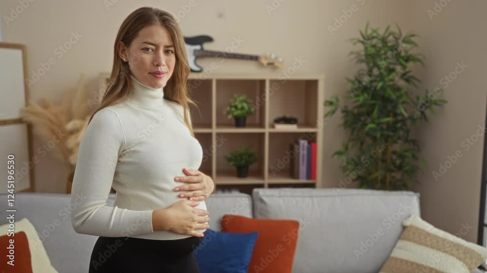 Pregnant woman in cozy living room holding belly with shelves and guitar in background. Pregnant woman in cozy living room holding belly with shelves and guitar in background.