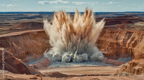 A dramatic explosion in an open-pit mine, with dust and debris rising into the air.