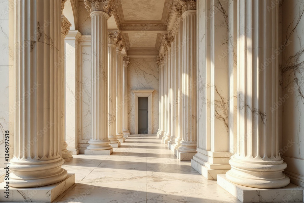 Sunlit Colonnade With Classical Marble Columns And Door Sunlit Colonnade With Classical Marble Columns And Door