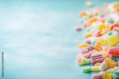 A vibrant mix of Swedish gummy candies, including fruity Bilar and chewy Djungelvrål, scattered on a pastel table