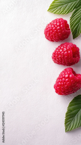 Fresh raspberries arranged with green leaves on white background