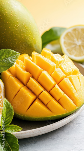 Fresh mango with golden flesh, sliced and garnished with mint and lemon
