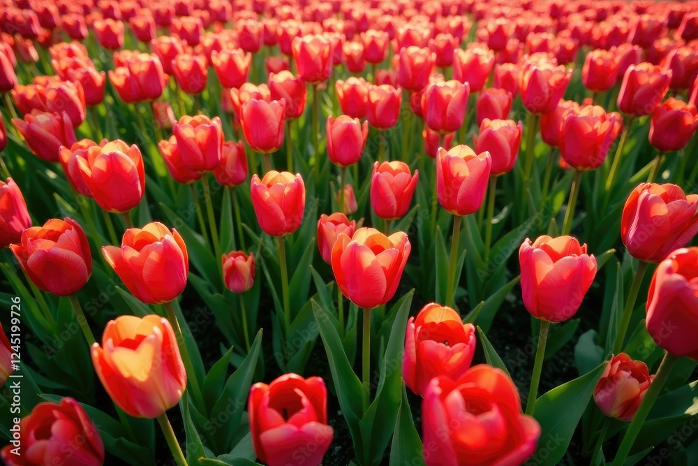Overhead shot of a field filled with blooming tulips, , spring flowers Overhead shot of a field filled with blooming tulips, , spring flowers