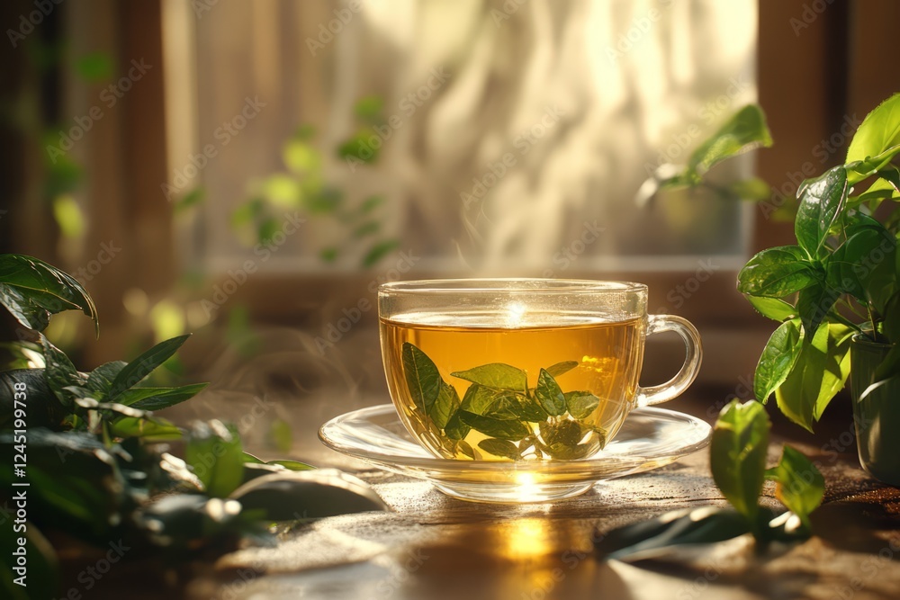 A Steaming Cup Of Herbal Tea Sits On A Wooden Table, Bathed In Warm Sunlight. Green Plants Surround The Cup, Creating A Serene And Peaceful Atmosphere. A Steaming Cup Of Herbal Tea Sits On A Wooden Table, Bathed In Warm Sunlight. Green Plants Surround The Cup, Creating A Serene And Peaceful Atmosphere.
