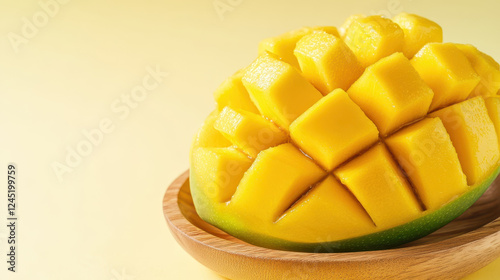 Perfectly sliced mango on wooden dish, vibrant yellow color, fresh and juicy