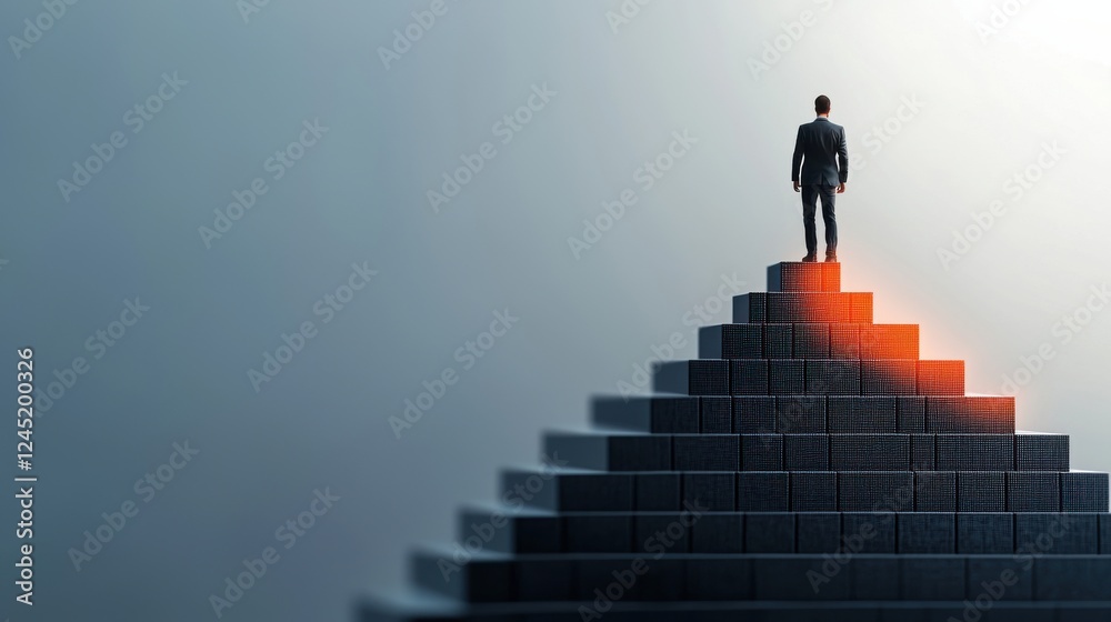 A silhouette of a businessman standing on a pyramid of blocks, symbolizing success and achievement in a competitive environment. A silhouette of a businessman standing on a pyramid of blocks, symbolizing success and achievement in a competitive environment.