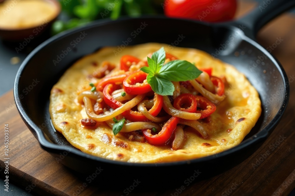 Pan-seared tortilla with caramelized onions and peppers, flavor, pan Pan-seared tortilla with caramelized onions and peppers, flavor, pan
