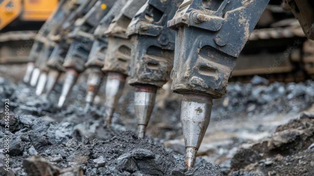 A row of powerful mining drills lined up and ready for excavation. A row of powerful mining drills lined up and ready for excavation.