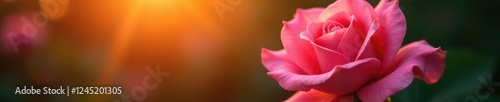 Petals of pink rose glisten in fading orange light, bloom, sunset, rose