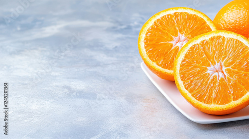 Fresh orange slices on white plate, showcasing vibrant colors and textures