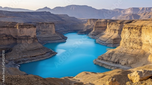 A vibrant turquoise-colored copper mine with striking geological formations.
