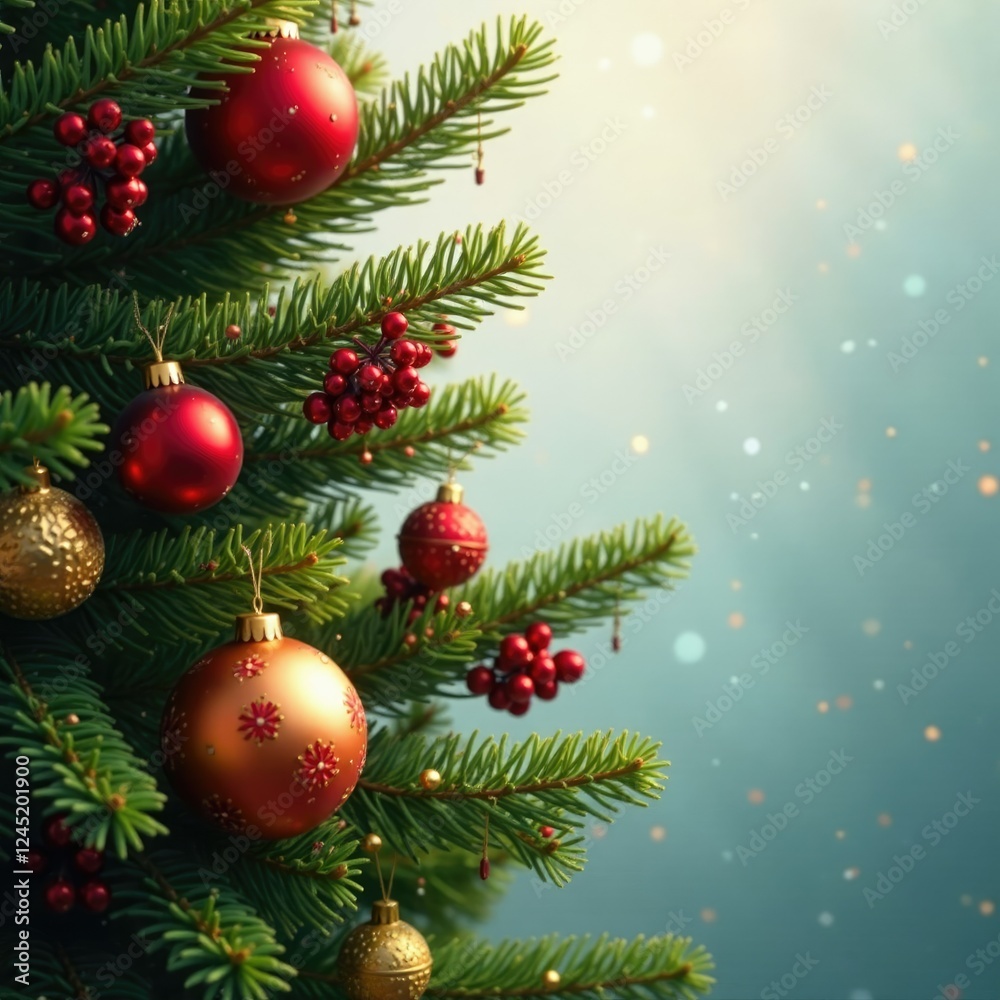 Pine tree branches adorned with clusters of ornaments in shades of red and gold, pine branches, golden Pine tree branches adorned with clusters of ornaments in shades of red and gold, pine branches, golden