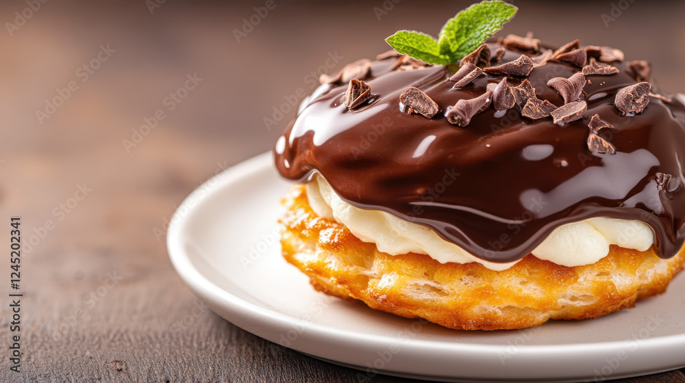 Delicious profiterole topped with chocolate glaze and chocolate shavings Delicious profiterole topped with chocolate glaze and chocolate shavings