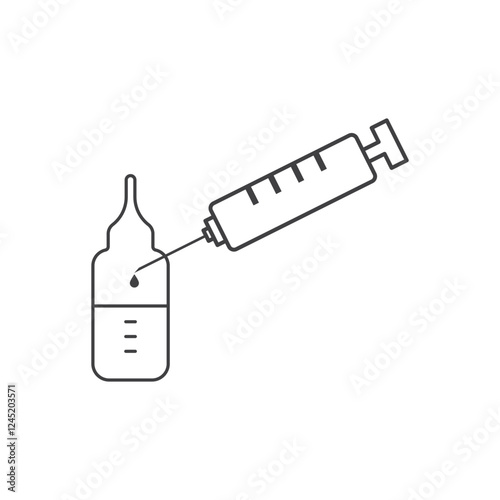 Syringe filling small bottle with medical liquid.
