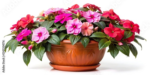 Blooming Impatiens in Pot, White Background, High Depth of Field, Vibrant Flowers, Garden Plants,  Close-up Photography