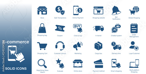 Solid vector icon for ecommerce, online shopping, shopping cart, online store.