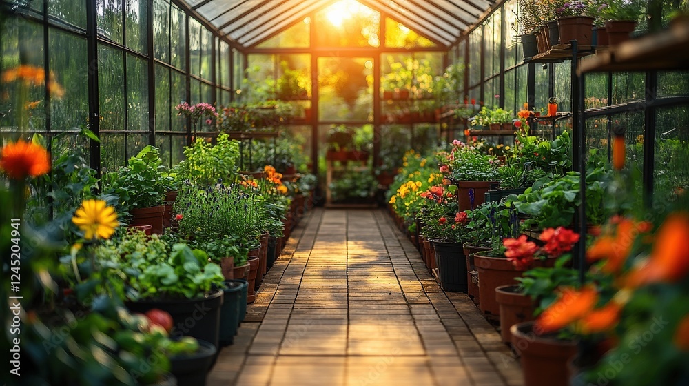 Fototapeta premium Vibrant greenhouse filled with blooming flowers and plants, sunlight streaming through glass panels