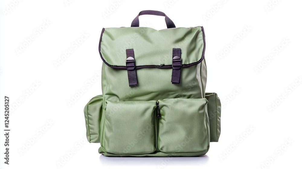 Green Travel Backpack With Multiple Pockets On White Background