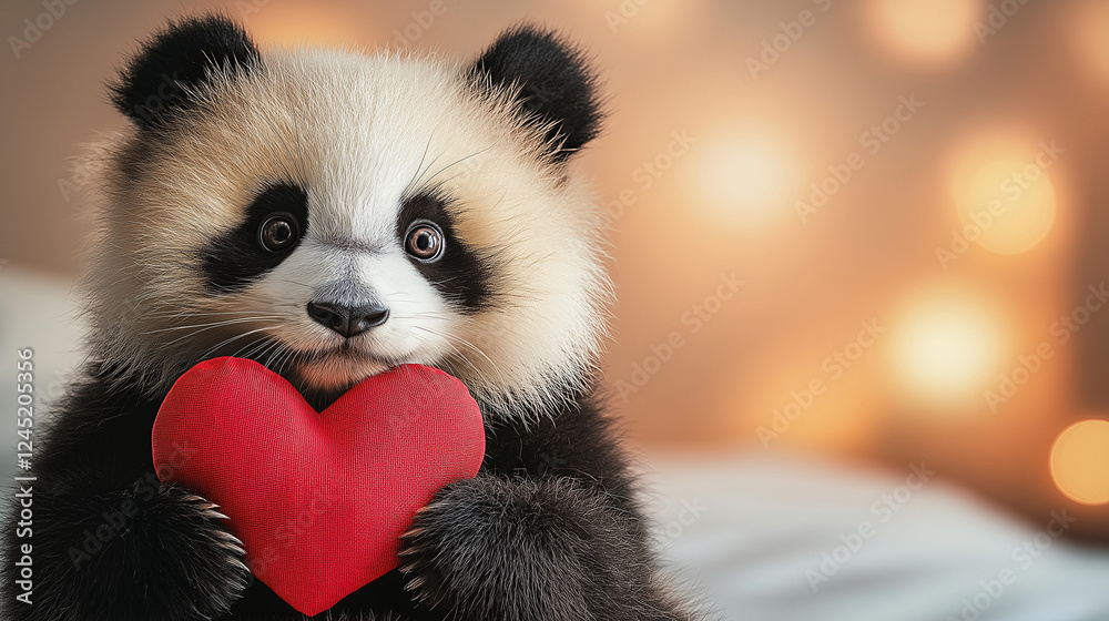 Obraz premium Cute panda holding a red heart plush toy with a warm bokeh background