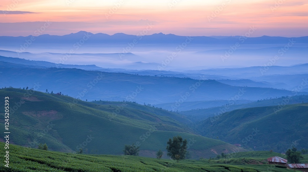 Obraz premium Serene sunrise over rolling tea plantations and misty mountains in rwanda