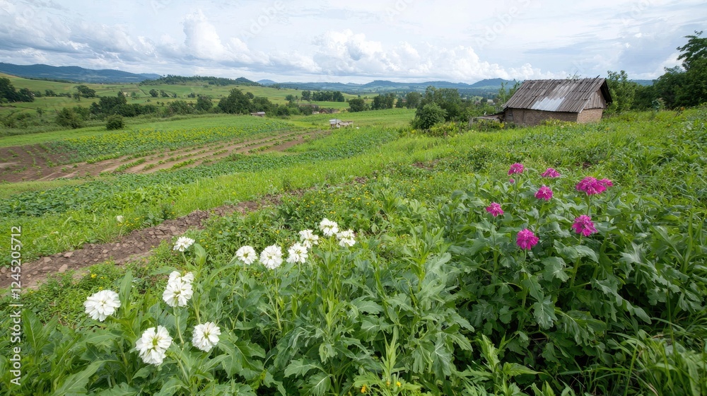 Rural Landscape Farm, Flowers, Hills, Cloudy Sky