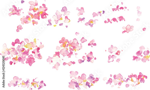 水彩画。水彩タッチの桜の花びら背景。水彩で描いた風に舞う桜の花びら。春の桜背景フレーム。Watercolor painting. Cherry blossom petals background with watercolor touch. Cherry blossom petals dancing in the wind, painted with watercolor. Spring cher